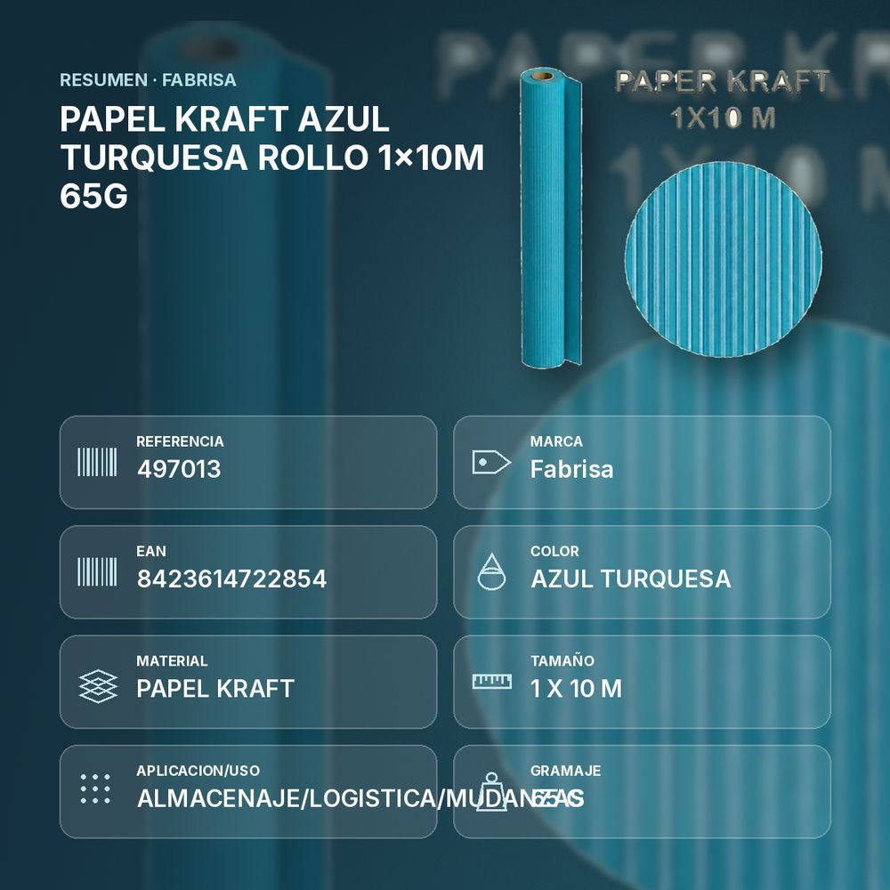 PAPEL KRAFT AZUL TURQUESA ROLLO 1x10M 65G - resumen de atributos