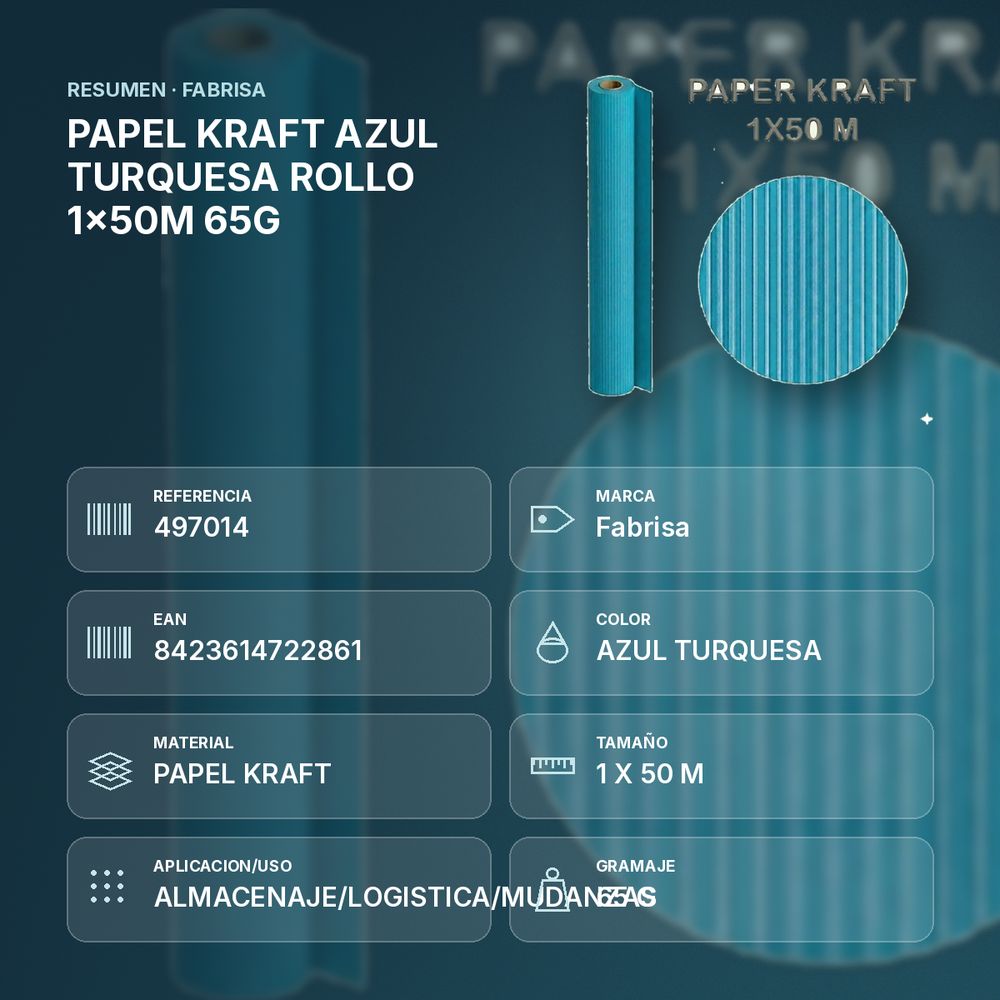 PAPEL KRAFT AZUL TURQUESA ROLLO 1x50M 65G - resumen de atributos