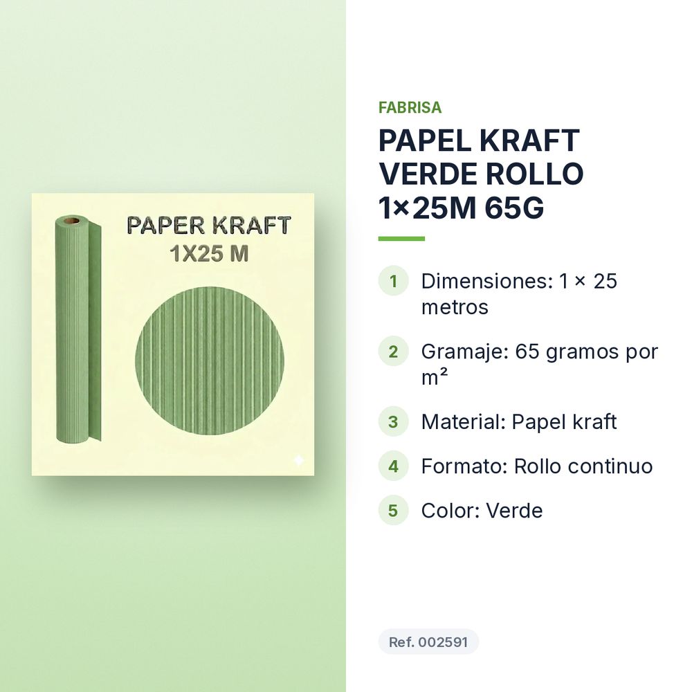 PAPEL KRAFT VERDE ROLLO 1x25M 65G - características principales