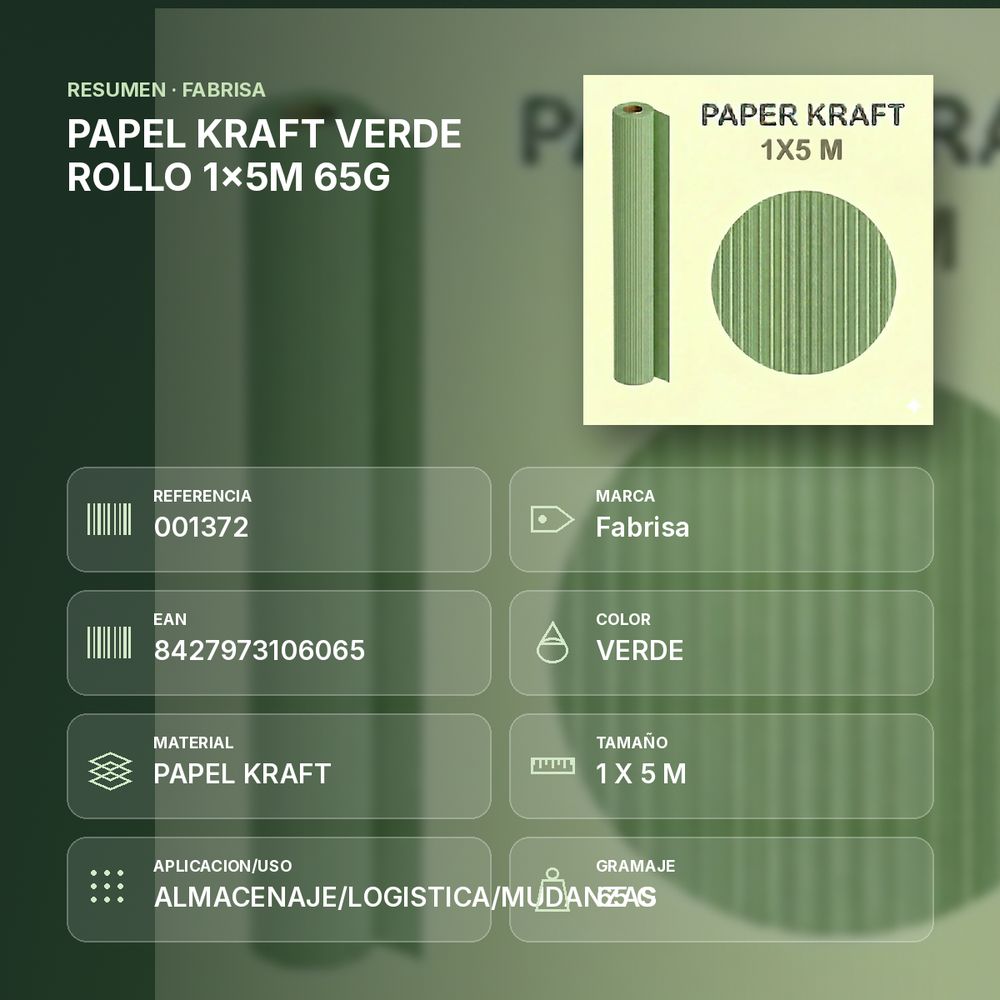PAPEL KRAFT VERDE ROLLO 1x5M 65G - resumen de atributos