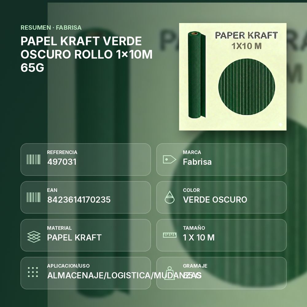 PAPEL KRAFT VERDE OSCURO ROLLO 1x10M 65G - resumen de atributos