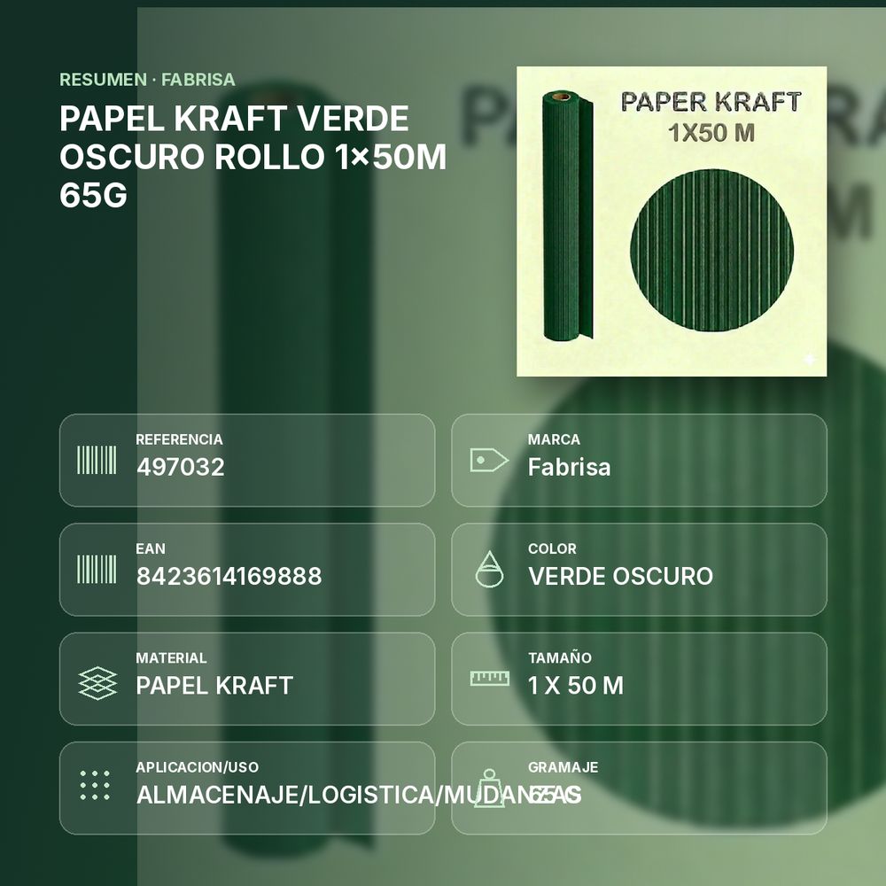 PAPEL KRAFT VERDE OSCURO ROLLO 1x50M 65G - resumen de atributos