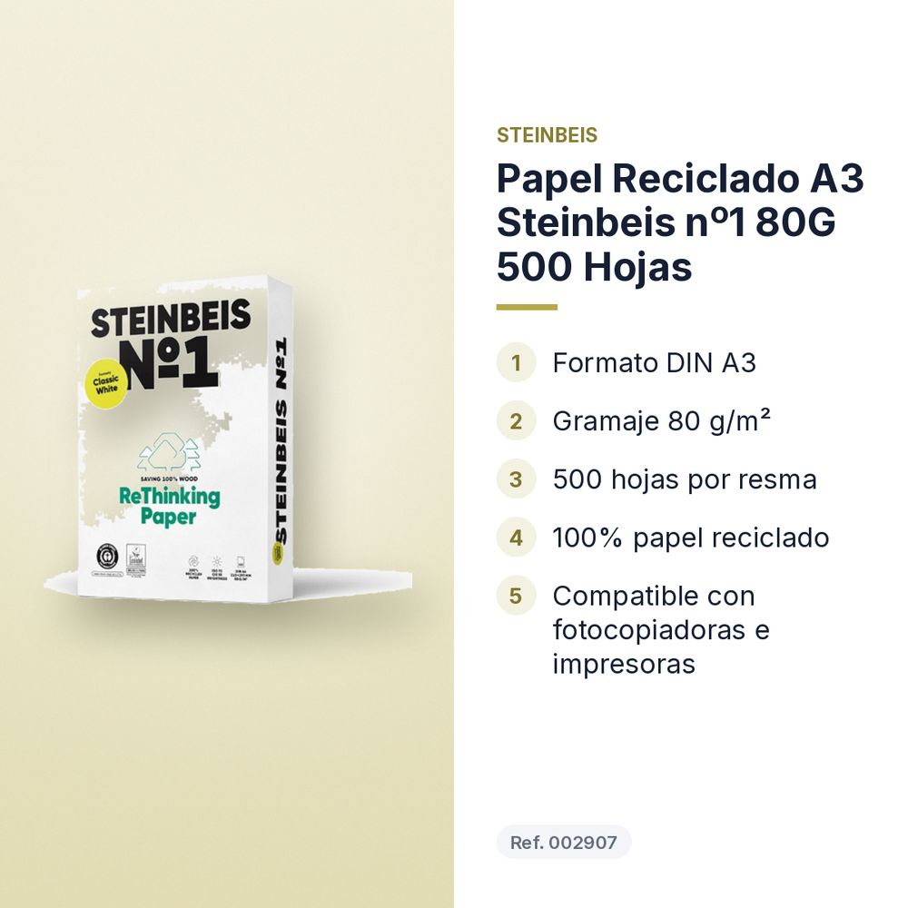 PAPEL RECICLADO A3 STEINBEIS Nº1 80G 500 HOJAS - características principales