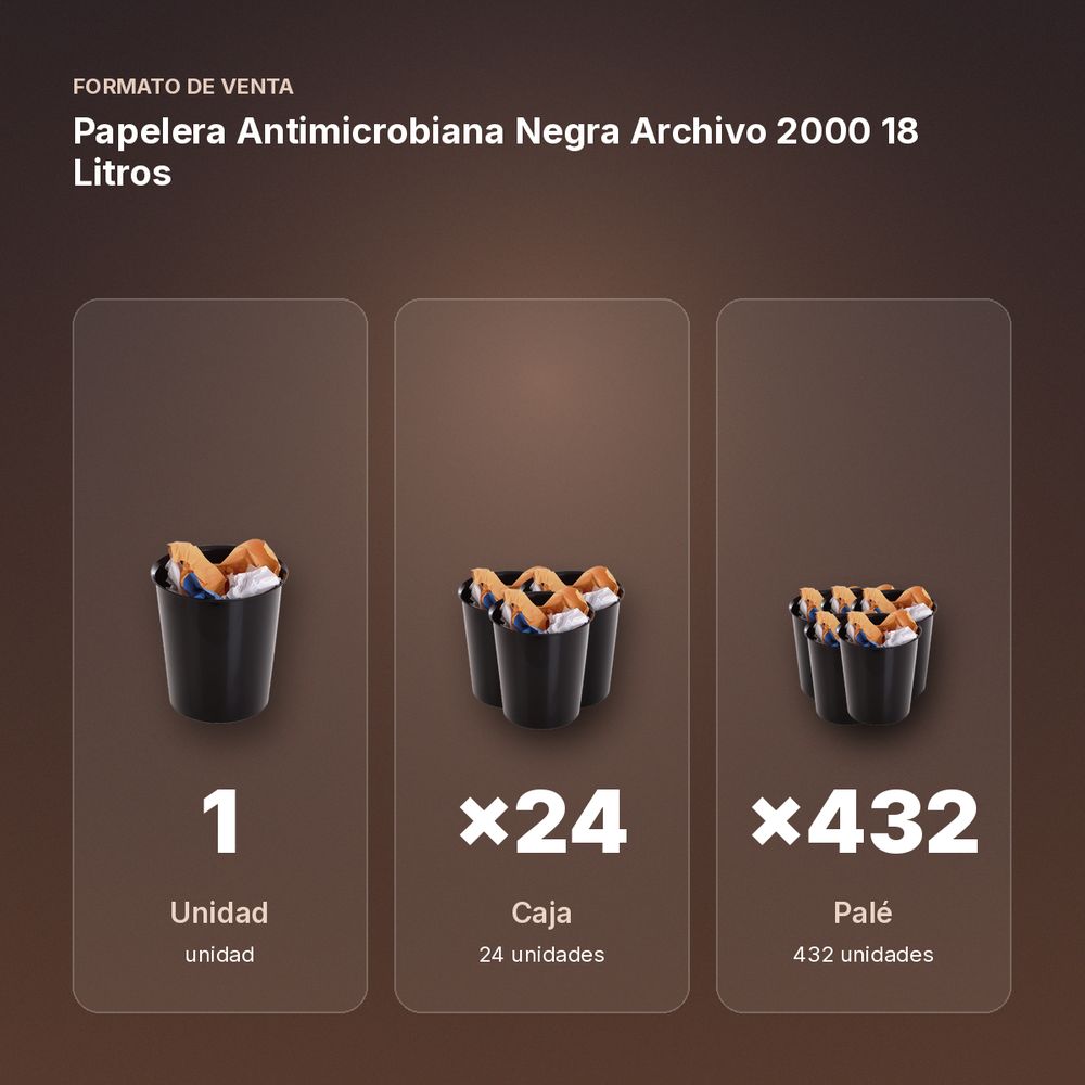 PAPELERA ANTIMICROBIANA NEGRA ARCHIVO 2000 18 LITROS - formato de venta: caja de 24, palé de 432