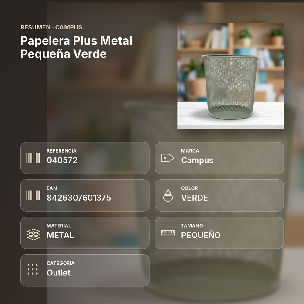 PAPELERA PLUS METAL PEQUEÑA VERDE - resumen de atributos
