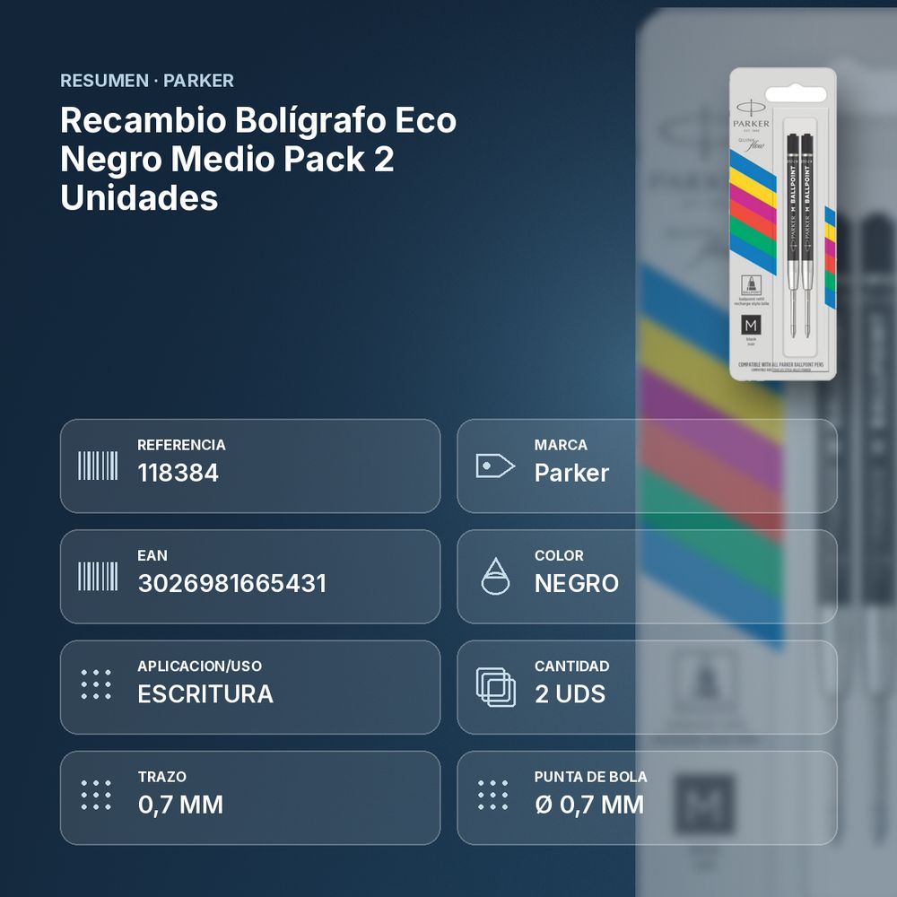 RECAMBIO BOLÍGRAFO ECO NEGRO MEDIO PACK 2 UNIDADES - resumen de atributos