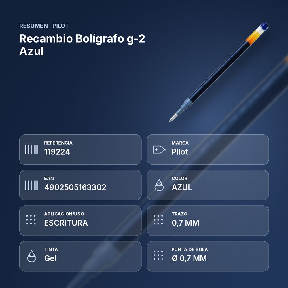 RECAMBIO BOLÍGRAFO G-2 AZUL - resumen de atributos