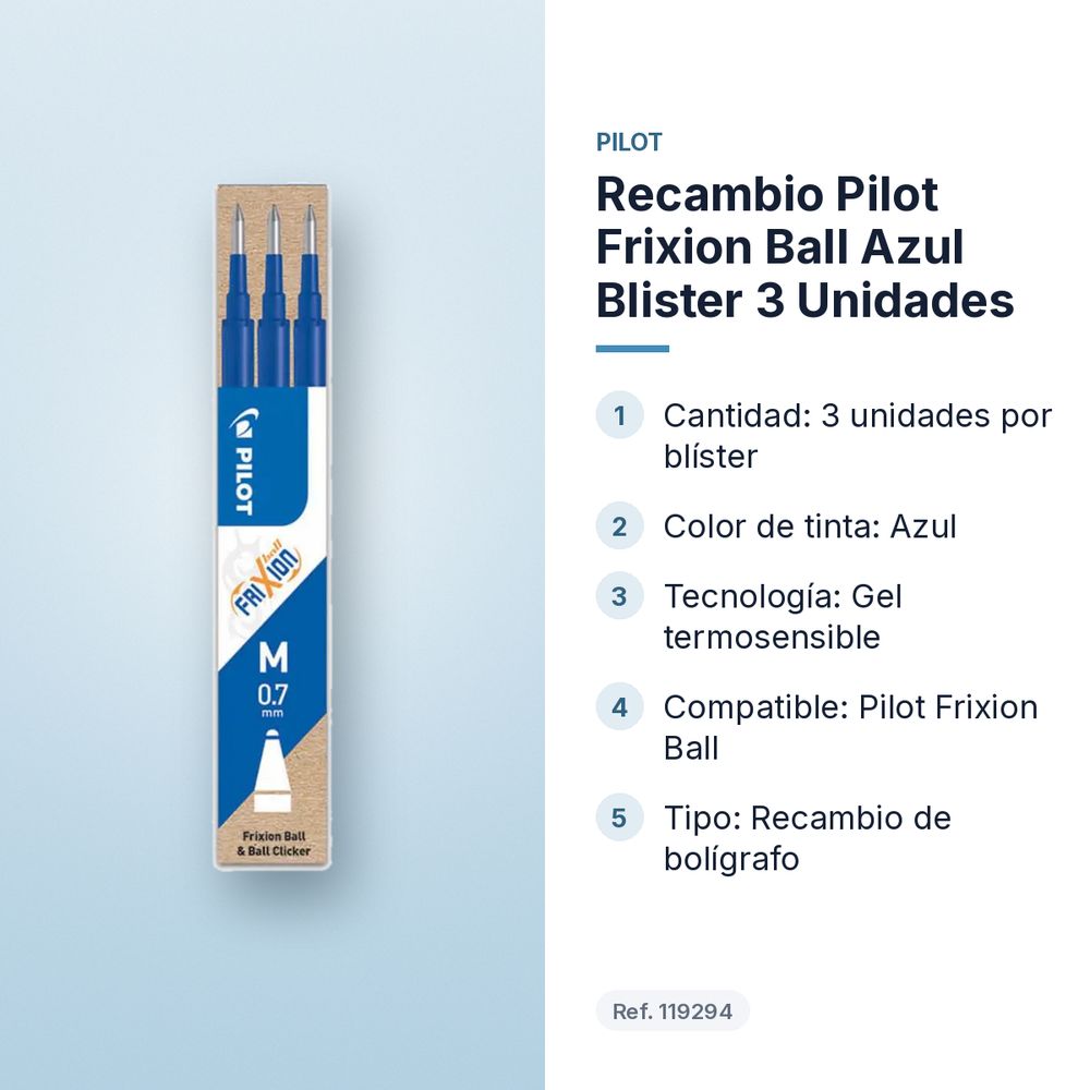 RECAMBIO PILOT FRIXION BALL AZUL BLISTER 3 UNIDADES - características principales