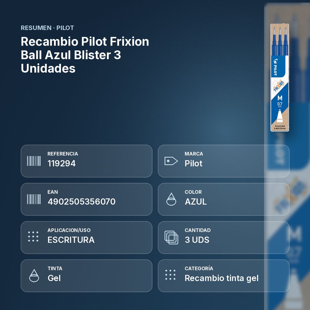 RECAMBIO PILOT FRIXION BALL AZUL BLISTER 3 UNIDADES - resumen de atributos