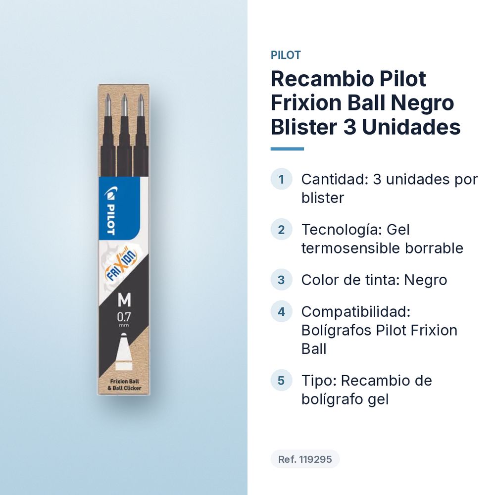 RECAMBIO PILOT FRIXION BALL NEGRO BLISTER 3 UNIDADES - características principales
