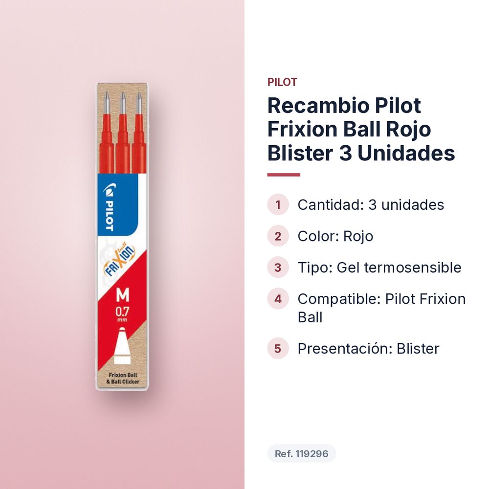 RECAMBIO PILOT FRIXION BALL ROJO BLISTER 3 UNIDADES - características principales