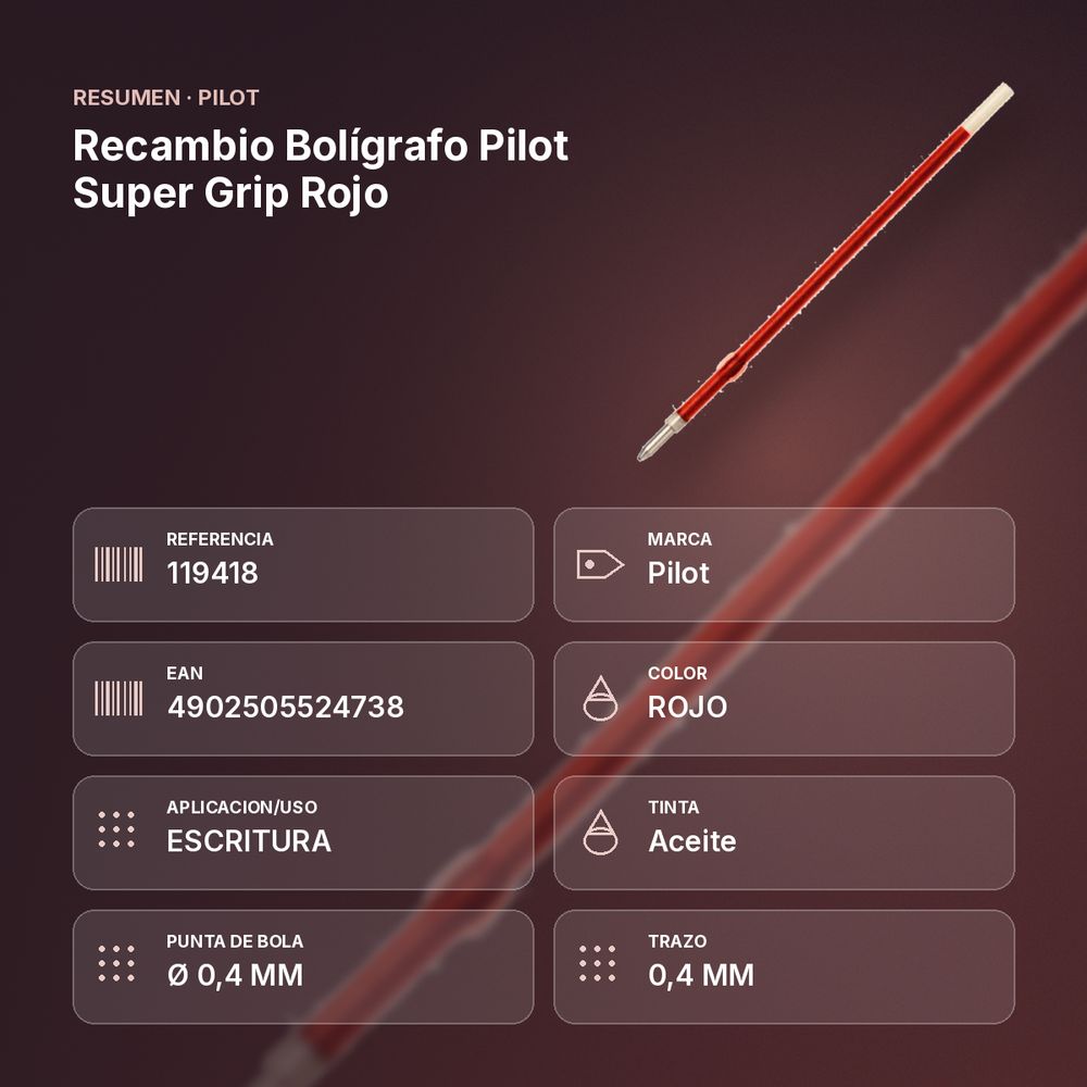 RECAMBIO BOLÍGRAFO PILOT SUPER GRIP ROJO  - resumen de atributos
