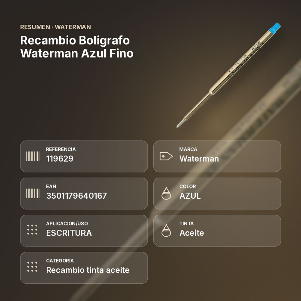 RECAMBIO BOLIGRAFO WATERMAN AZUL FINO - resumen de atributos