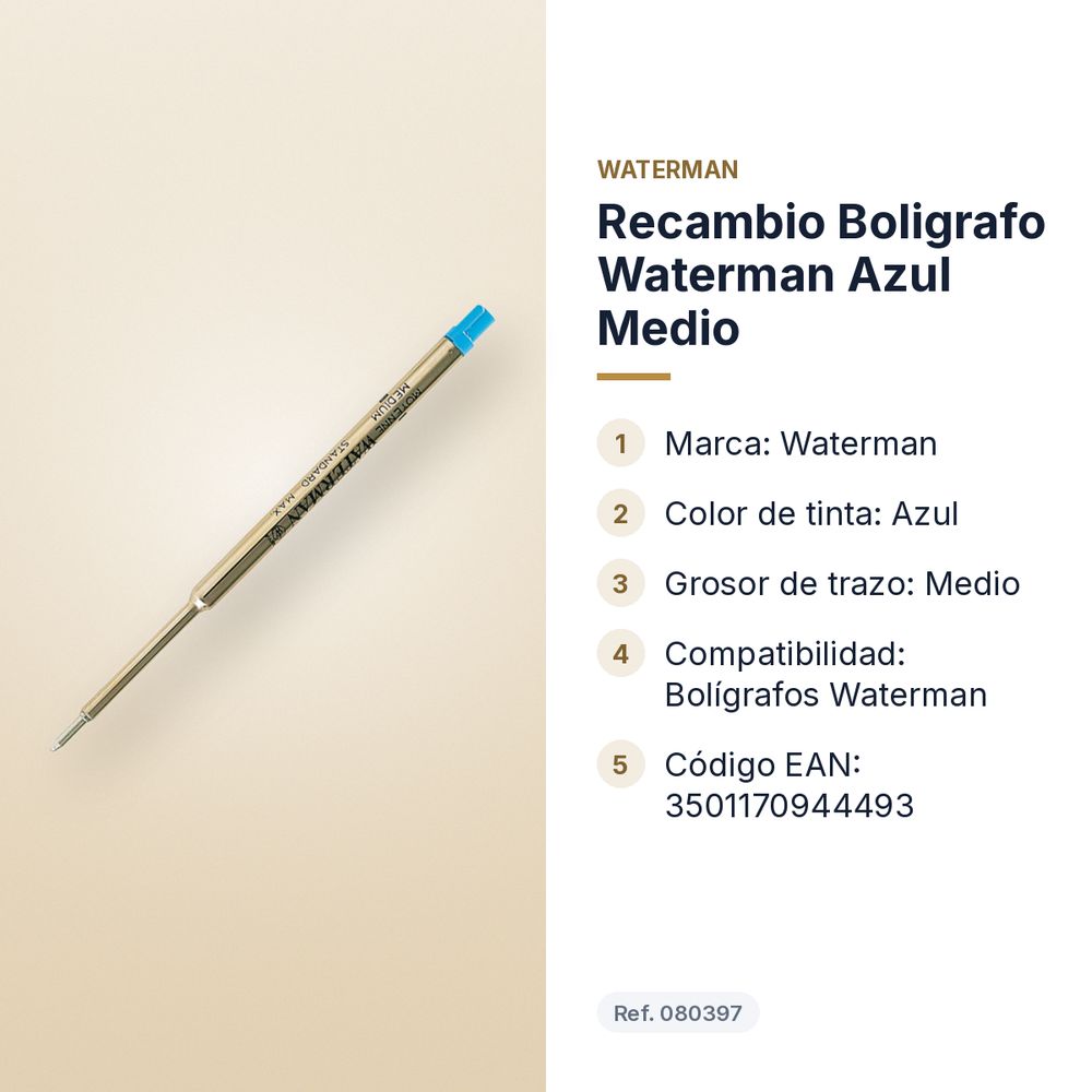 RECAMBIO BOLIGRAFO WATERMAN AZUL MEDIO - características principales