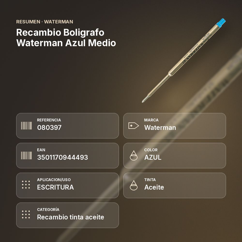 RECAMBIO BOLIGRAFO WATERMAN AZUL MEDIO - resumen de atributos