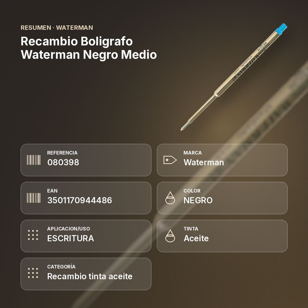 RECAMBIO BOLIGRAFO WATERMAN NEGRO MEDIO - resumen de atributos