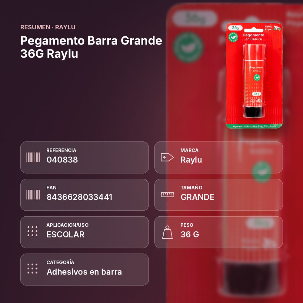 PEGAMENTO BARRA GRANDE 36G RAYLU - resumen de atributos