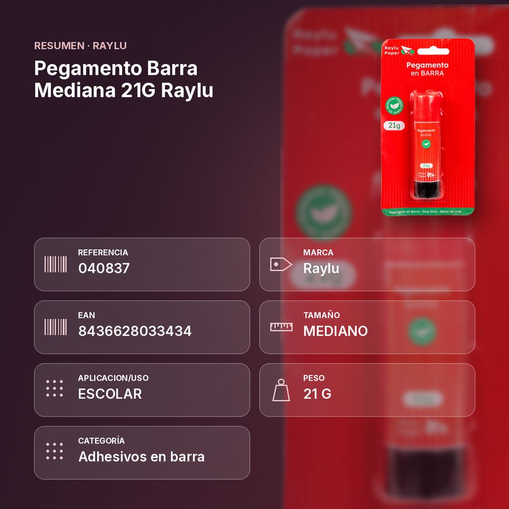 PEGAMENTO BARRA MEDIANA 21G RAYLU - resumen de atributos