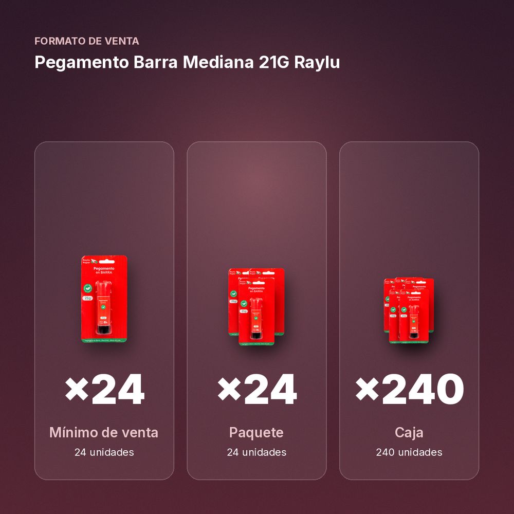 PEGAMENTO BARRA MEDIANA 21G RAYLU - formato de venta: paquete de 24, caja de 240