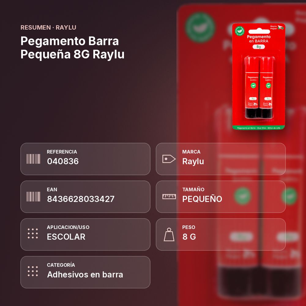 PEGAMENTO BARRA PEQUEÑA 8G RAYLU - resumen de atributos
