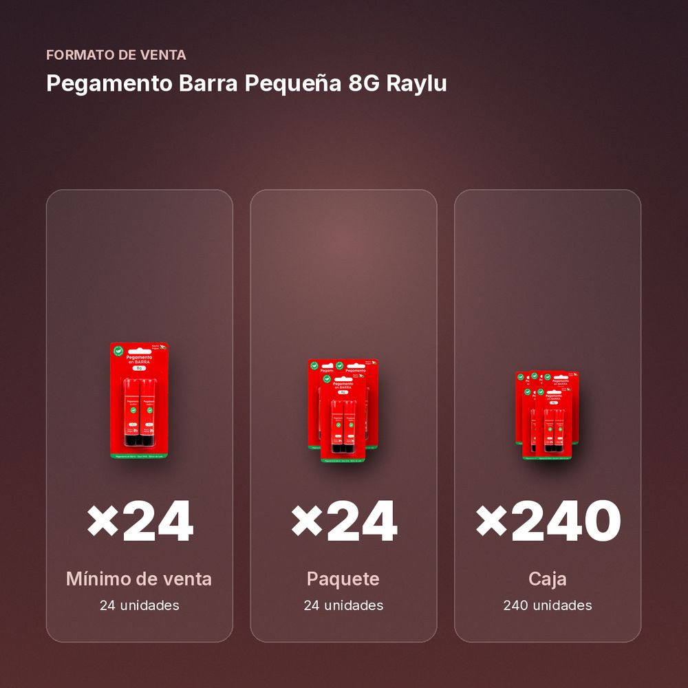 PEGAMENTO BARRA PEQUEÑA 8G RAYLU - formato de venta: paquete de 24, caja de 240