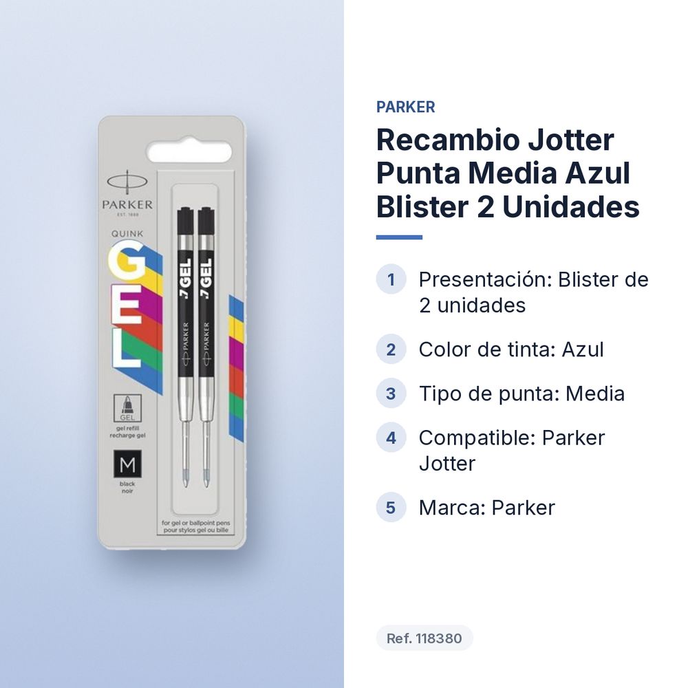 RECAMBIO JOTTER PUNTA MEDIA AZUL BLISTER 2 UNIDADES - características principales