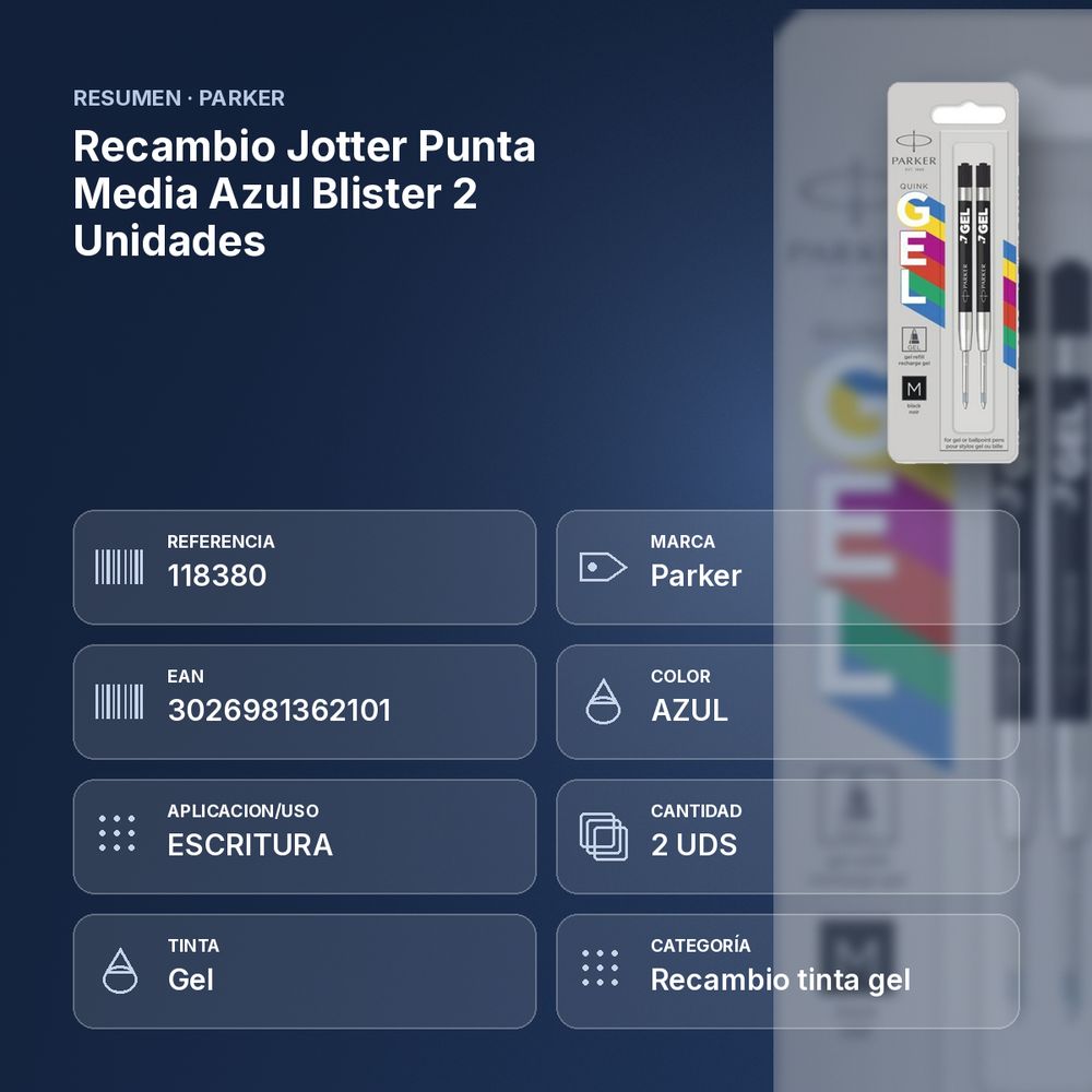 RECAMBIO JOTTER PUNTA MEDIA AZUL BLISTER 2 UNIDADES - resumen de atributos
