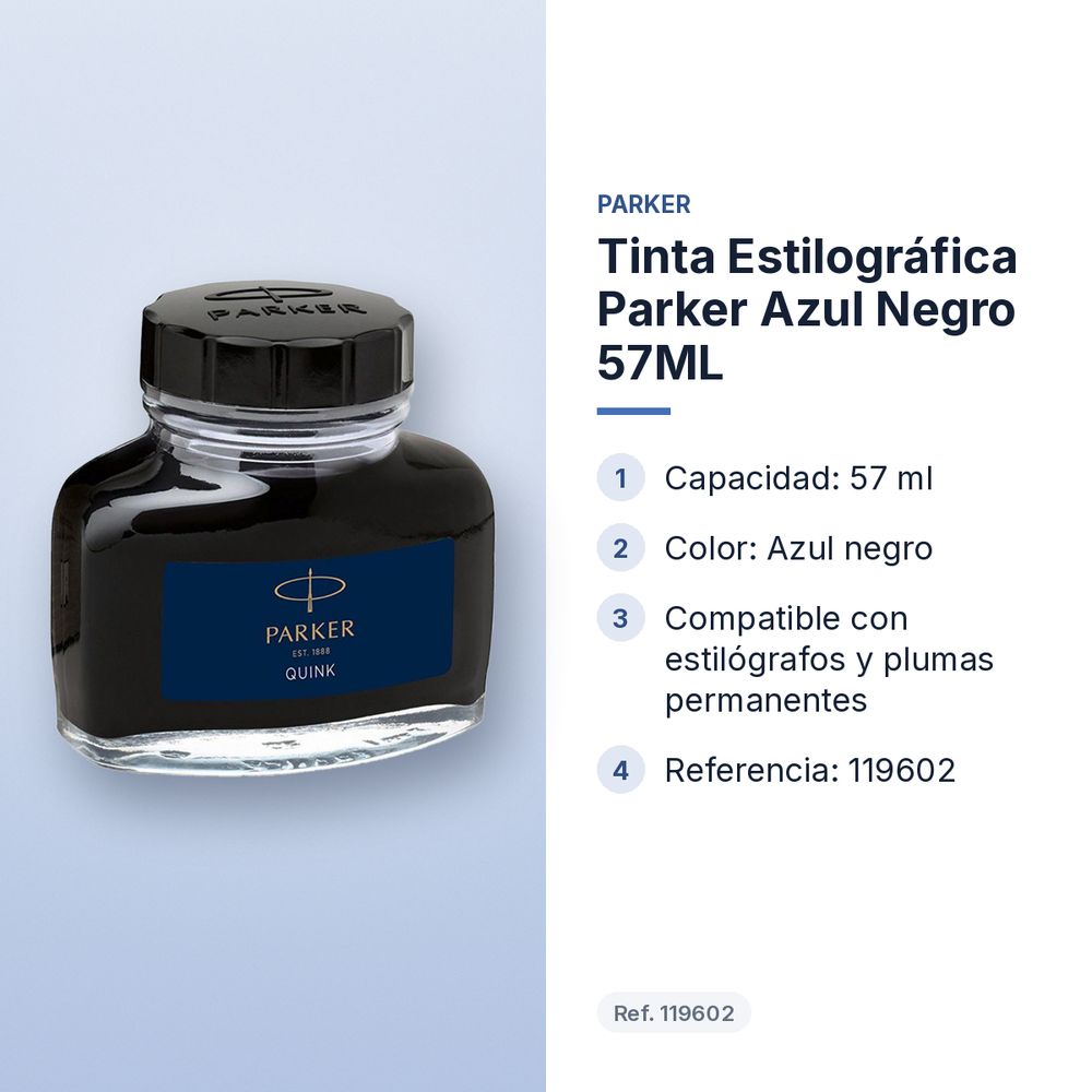 TINTA ESTILOGRÁFICA PARKER AZUL NEGRO 57ML - características principales