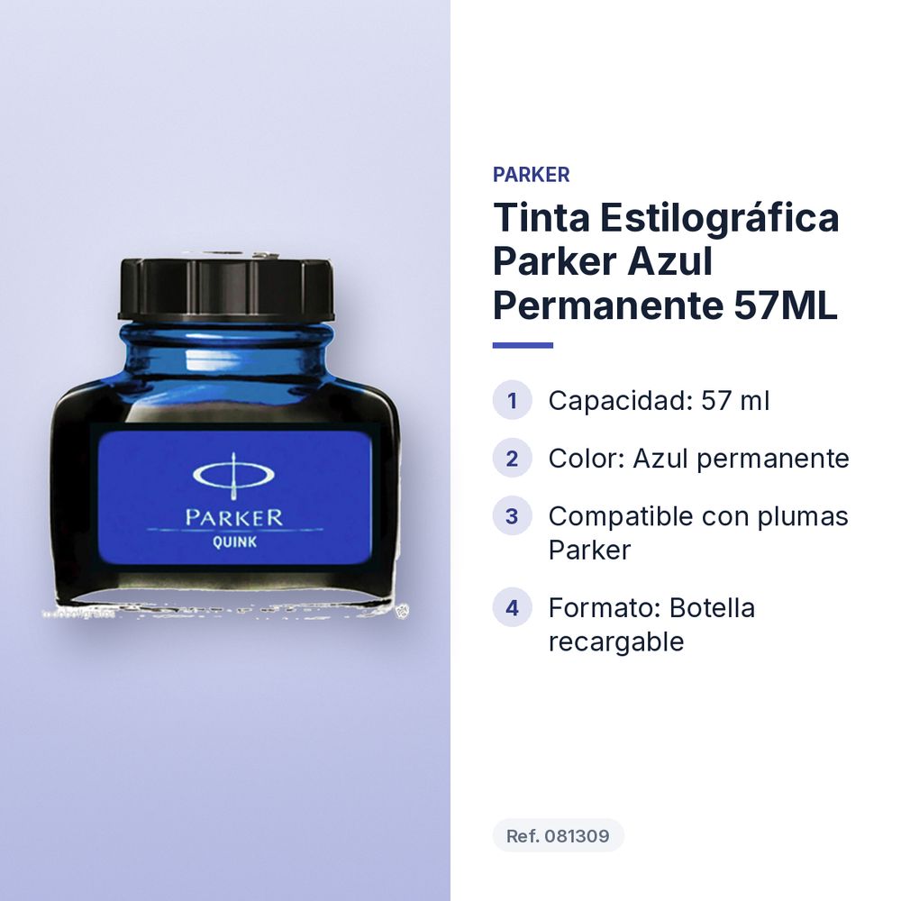 TINTA ESTILOGRÁFICA PARKER AZUL PERMANENTE 57ML - características principales