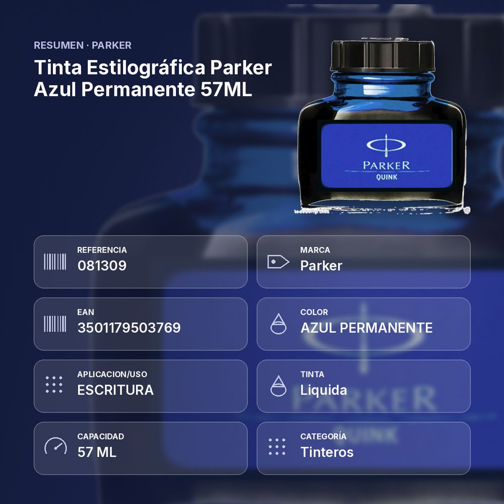 TINTA ESTILOGRÁFICA PARKER AZUL PERMANENTE 57ML - resumen de atributos
