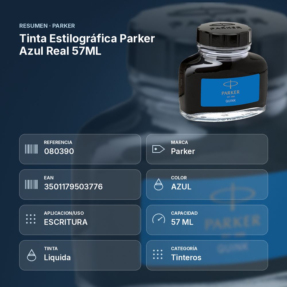 TINTA ESTILOGRÁFICA PARKER AZUL REAL 57ML - resumen de atributos