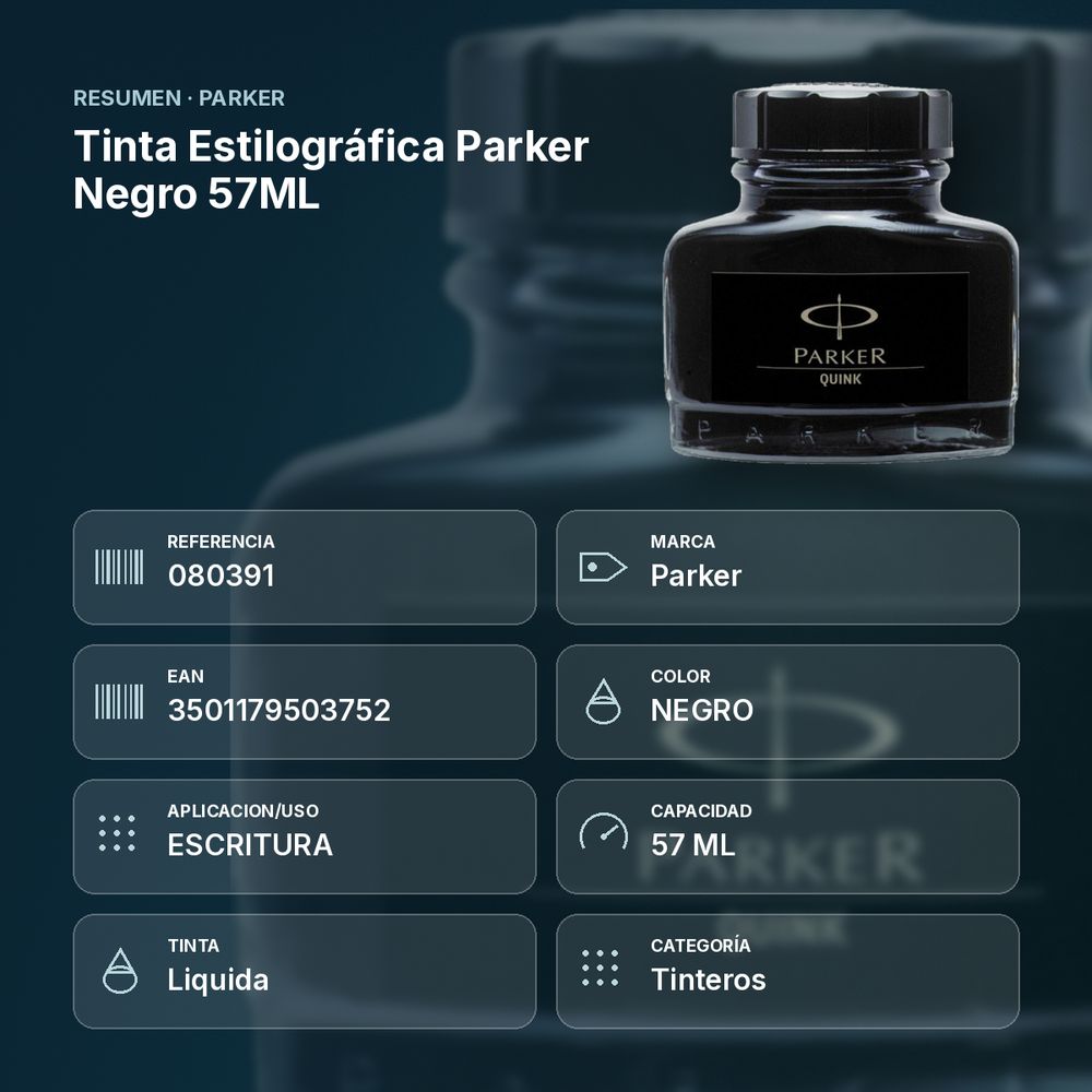 TINTA ESTILOGRÁFICA PARKER NEGRO 57ML - resumen de atributos