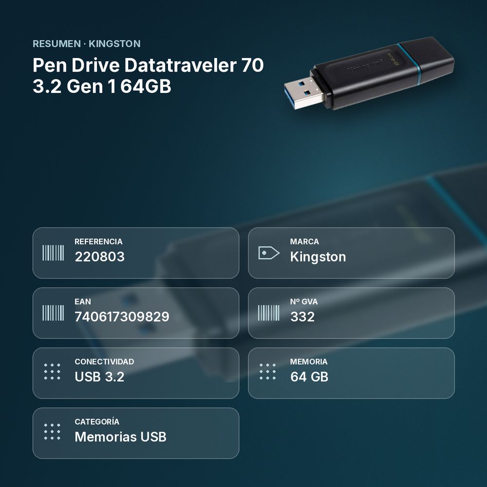 PEN DRIVE DATATRAVELER 70 3.2 GEN 1 64GB - resumen de atributos