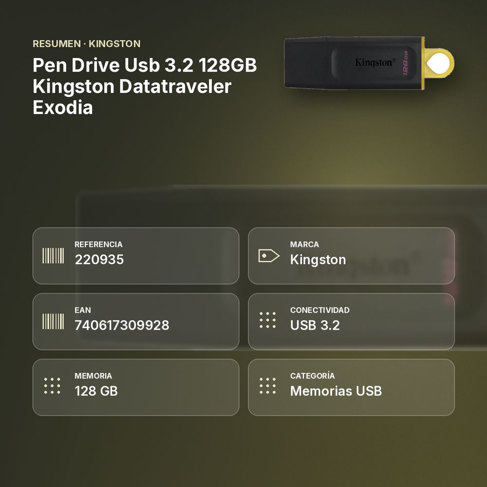 PEN DRIVE USB 3.2 128GB KINGSTON DATATRAVELER EXODIA - resumen de atributos