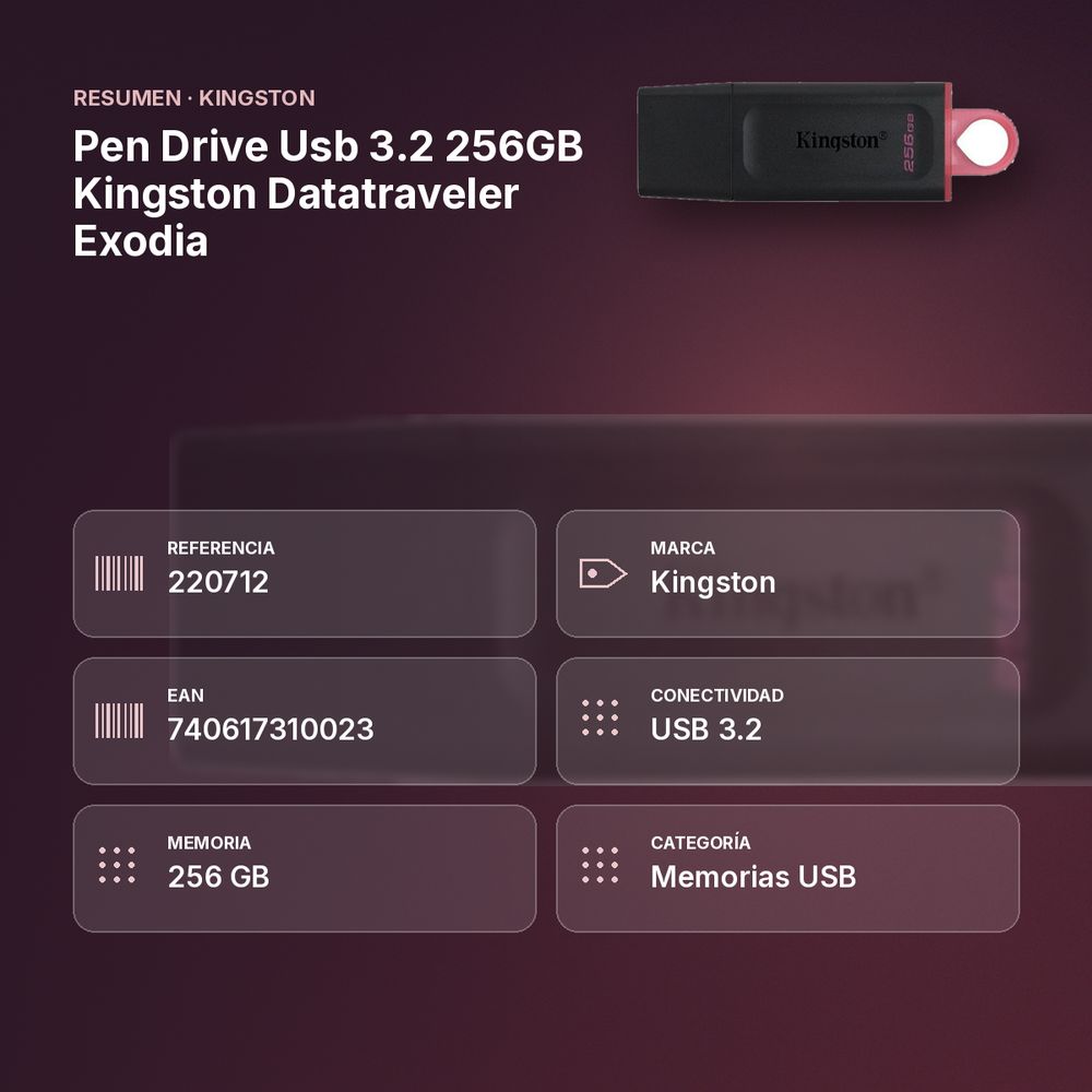 PEN DRIVE USB 3.2 256GB KINGSTON DATATRAVELER EXODIA - resumen de atributos