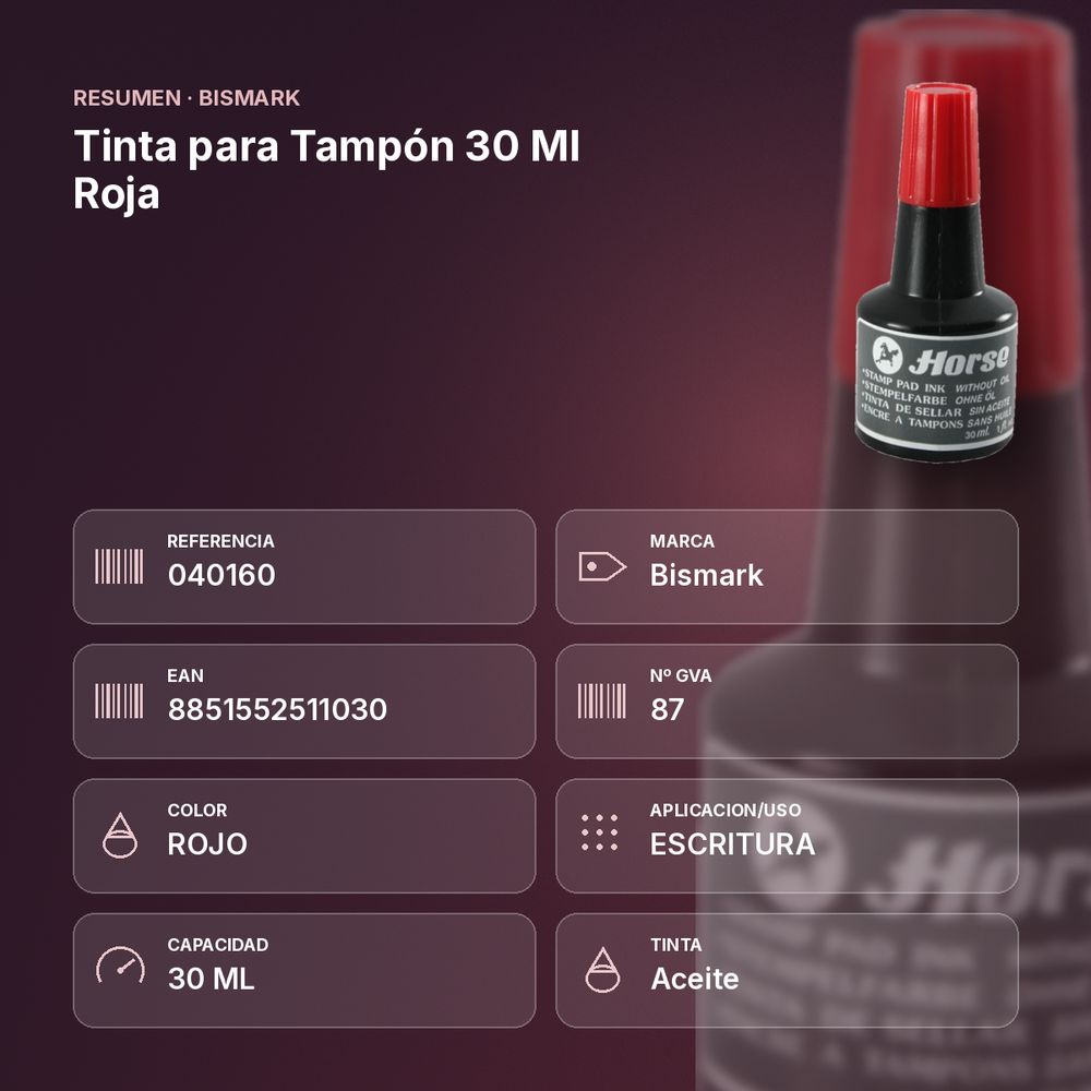 TINTA PARA TAMPÓN 30 ML ROJA - resumen de atributos