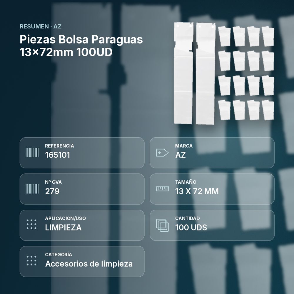 PIEZAS BOLSA PARAGUAS 13X72MM 100UD - resumen de atributos