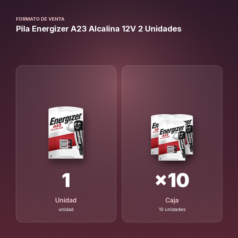 PILA ENERGIZER A23 ALCALINA 12V 2 UNIDADES - formato de venta: caja de 10
