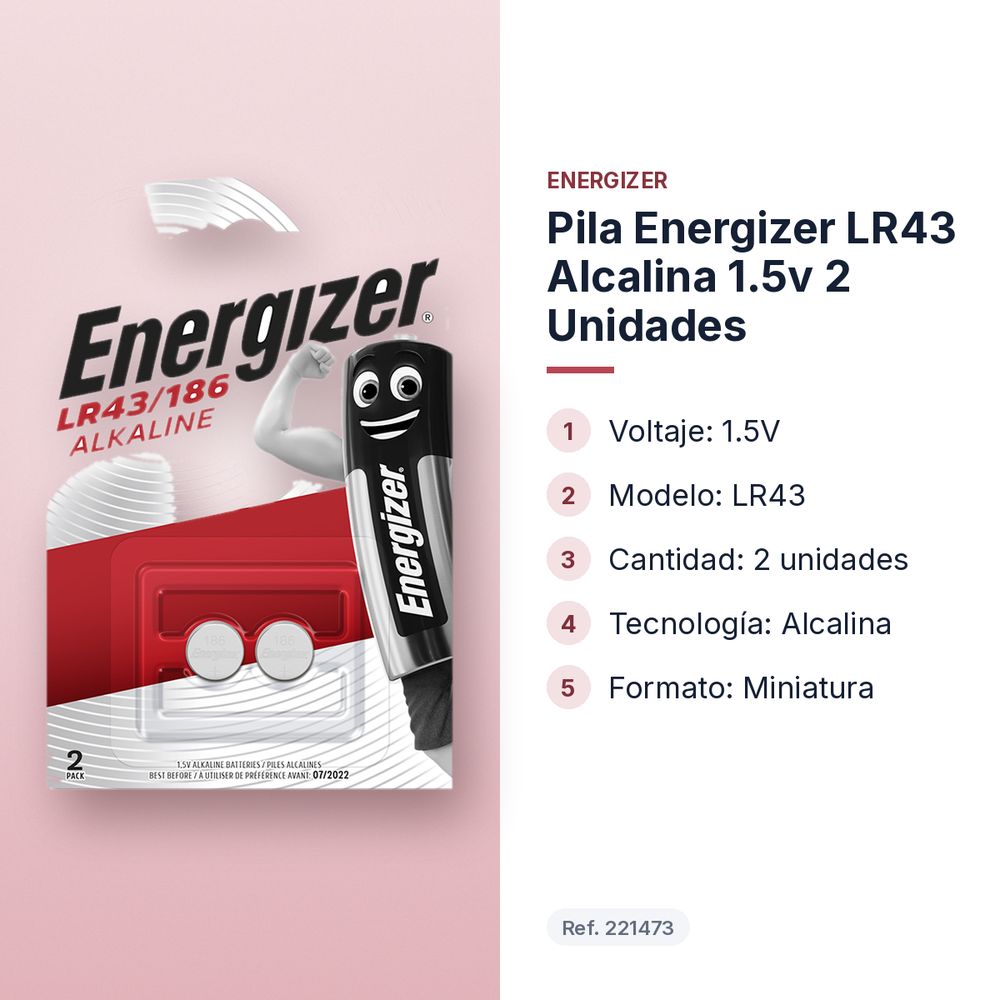 PILA ENERGIZER LR43 ALCALINA 1.5V 2 UNIDADES - características principales