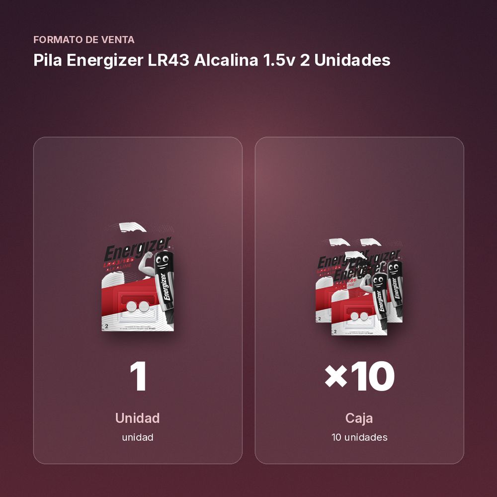 PILA ENERGIZER LR43 ALCALINA 1.5V 2 UNIDADES - formato de venta: caja de 10