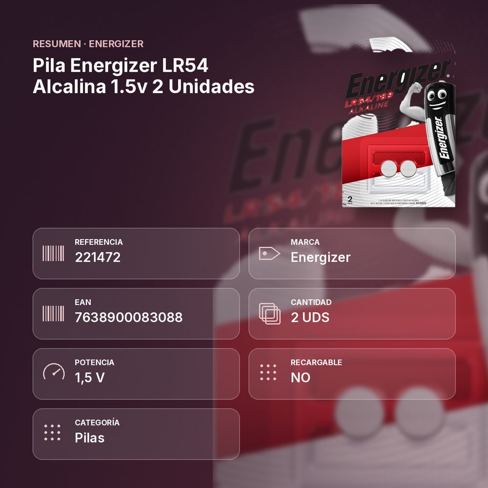 PILA ENERGIZER LR54 ALCALINA 1.5V 2 UNIDADES - resumen de atributos