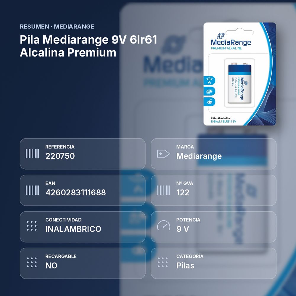 PILA MEDIARANGE 9V 6LR61 ALCALINA PREMIUM - resumen de atributos
