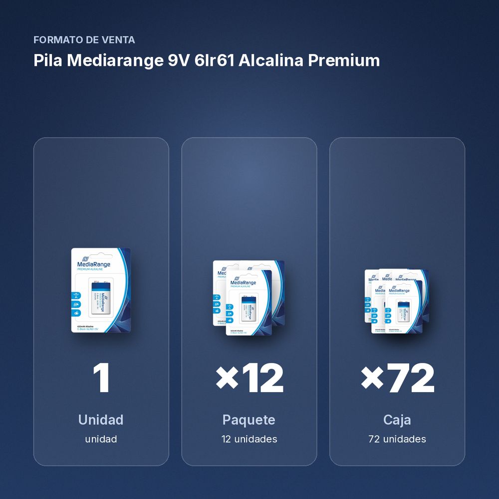 PILA MEDIARANGE 9V 6LR61 ALCALINA PREMIUM - formato de venta: paquete de 12, caja de 72