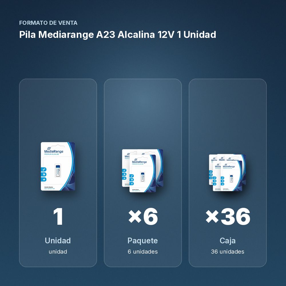 PILA MEDIARANGE A23 ALCALINA 12V 1 UNIDAD - formato de venta: paquete de 6, caja de 36