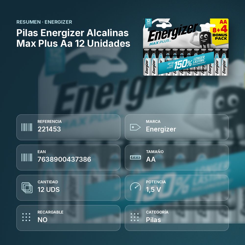 PILAS ENERGIZER ALCALINAS MAX PLUS AA 12 UNIDADES - resumen de atributos