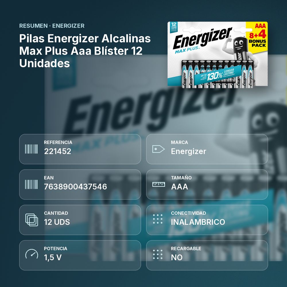 PILAS ENERGIZER ALCALINAS MAX PLUS AAA BLÍSTER 12 UNIDADES - resumen de atributos