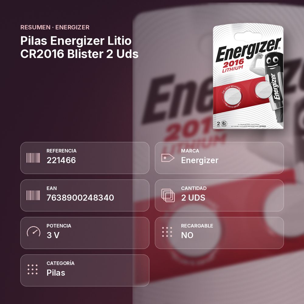 PILAS ENERGIZER LITIO CR2016 BLISTER 2 UDS - resumen de atributos