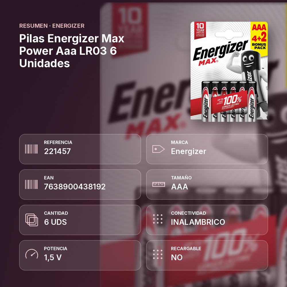 PILAS ENERGIZER MAX POWER AAA LR03 6 UNIDADES - resumen de atributos