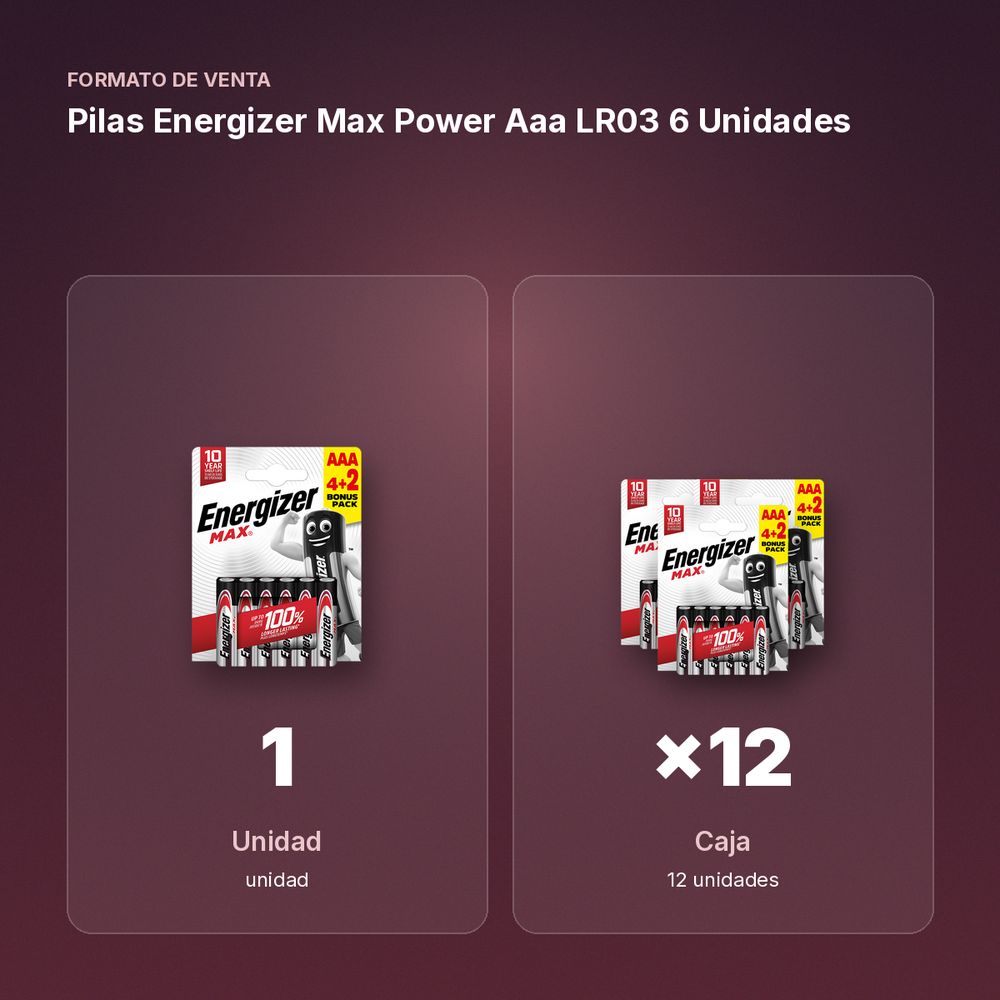 PILAS ENERGIZER MAX POWER AAA LR03 6 UNIDADES - formato de venta: caja de 12
