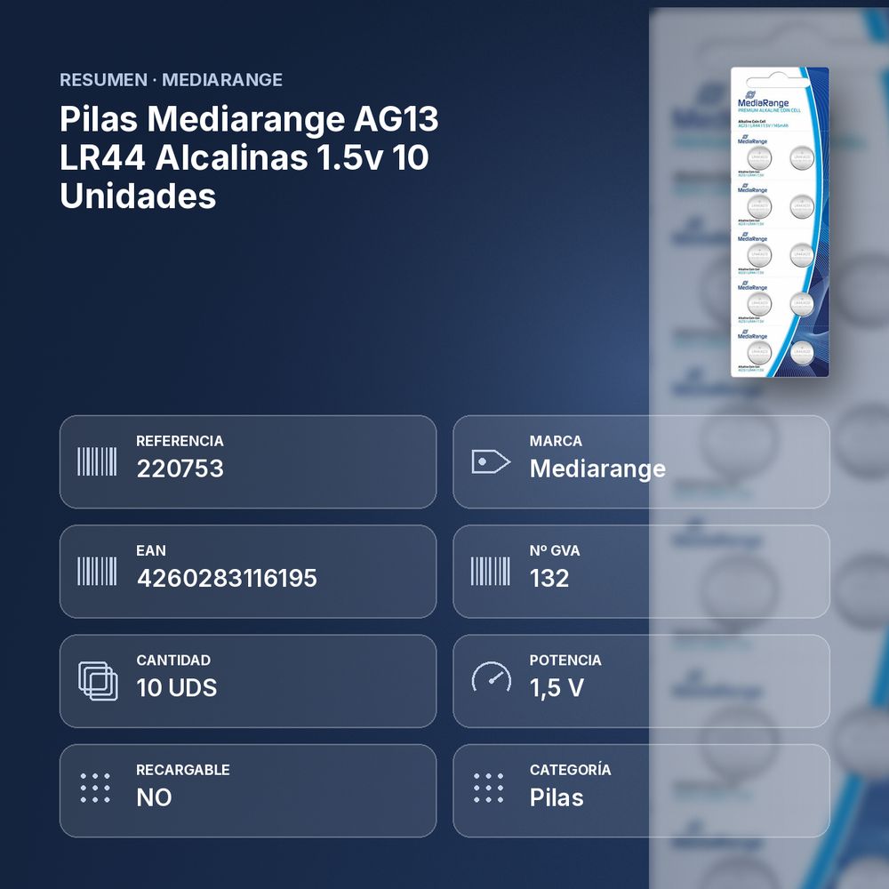 PILAS MEDIARANGE AG13 LR44 ALCALINAS 1.5V 10 UNIDADES - resumen de atributos